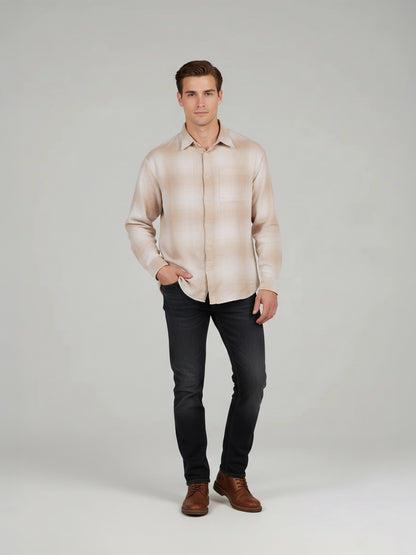 Celio* Men Beige Checked Relaxed Fit Cotton Shirts