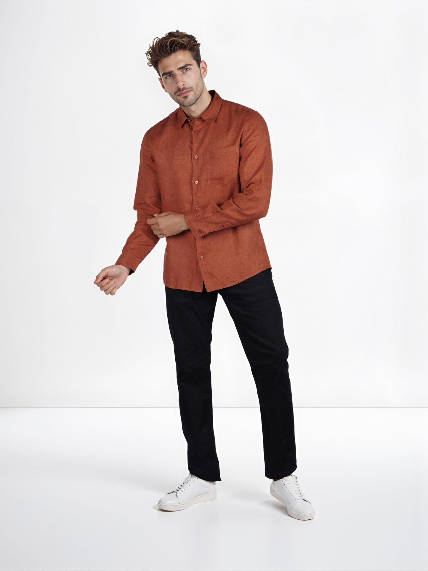 Celio* Solid Regular Fit Linen Orange Shirt