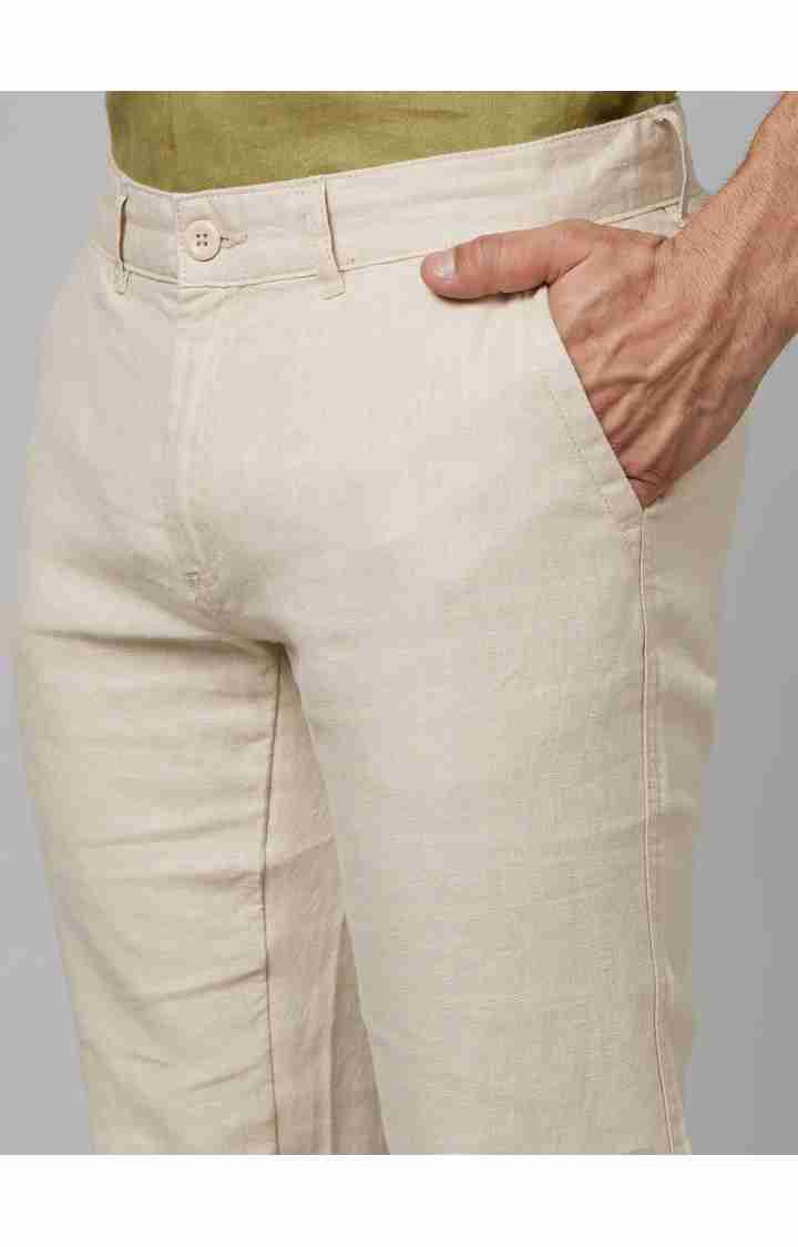 Beige Slim Fit Linen Pants