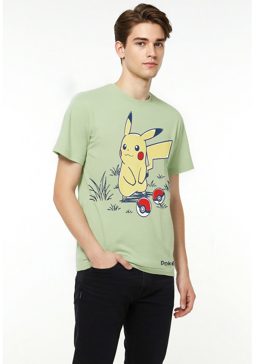 Celio* Pokemon Men Green Printed Regular Fit Cotton T-shirt