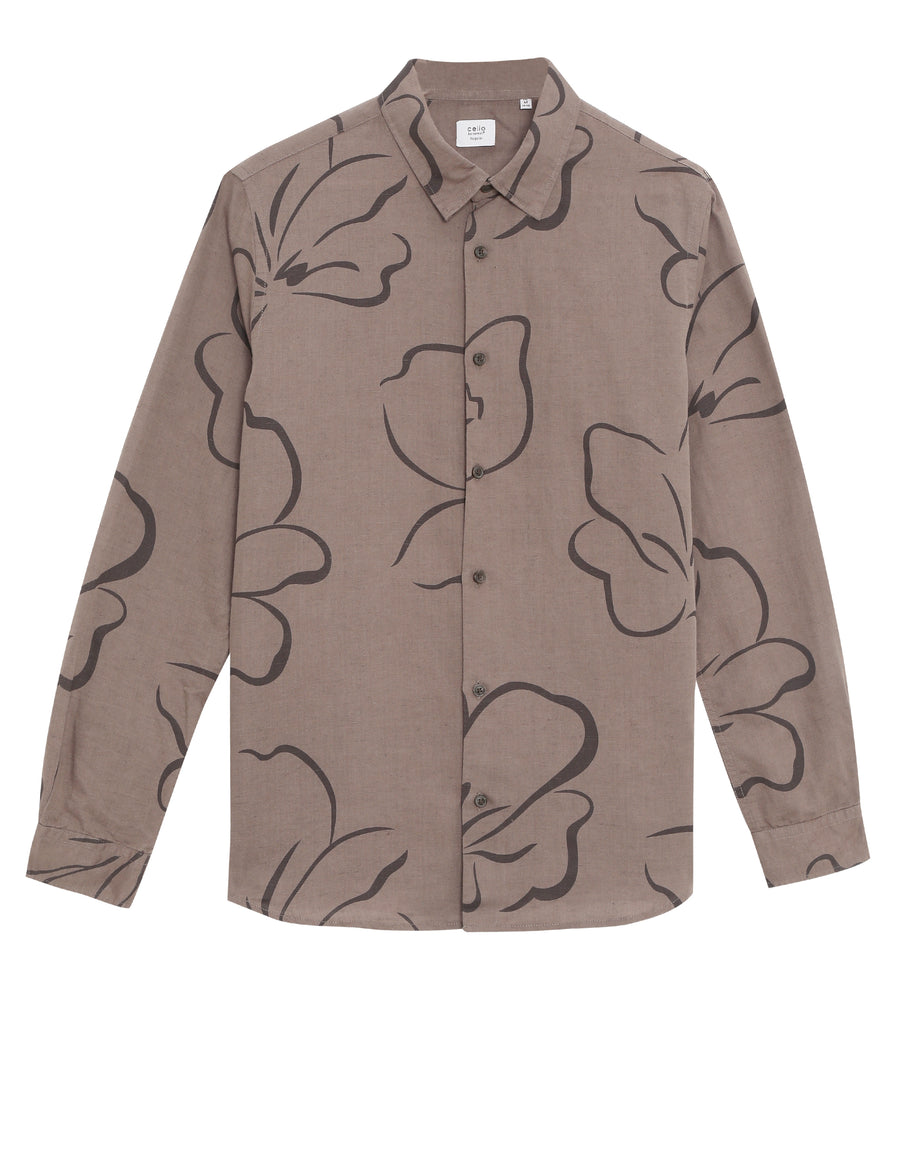 Straight Fit Linen Blend Printed Shirts - Brown