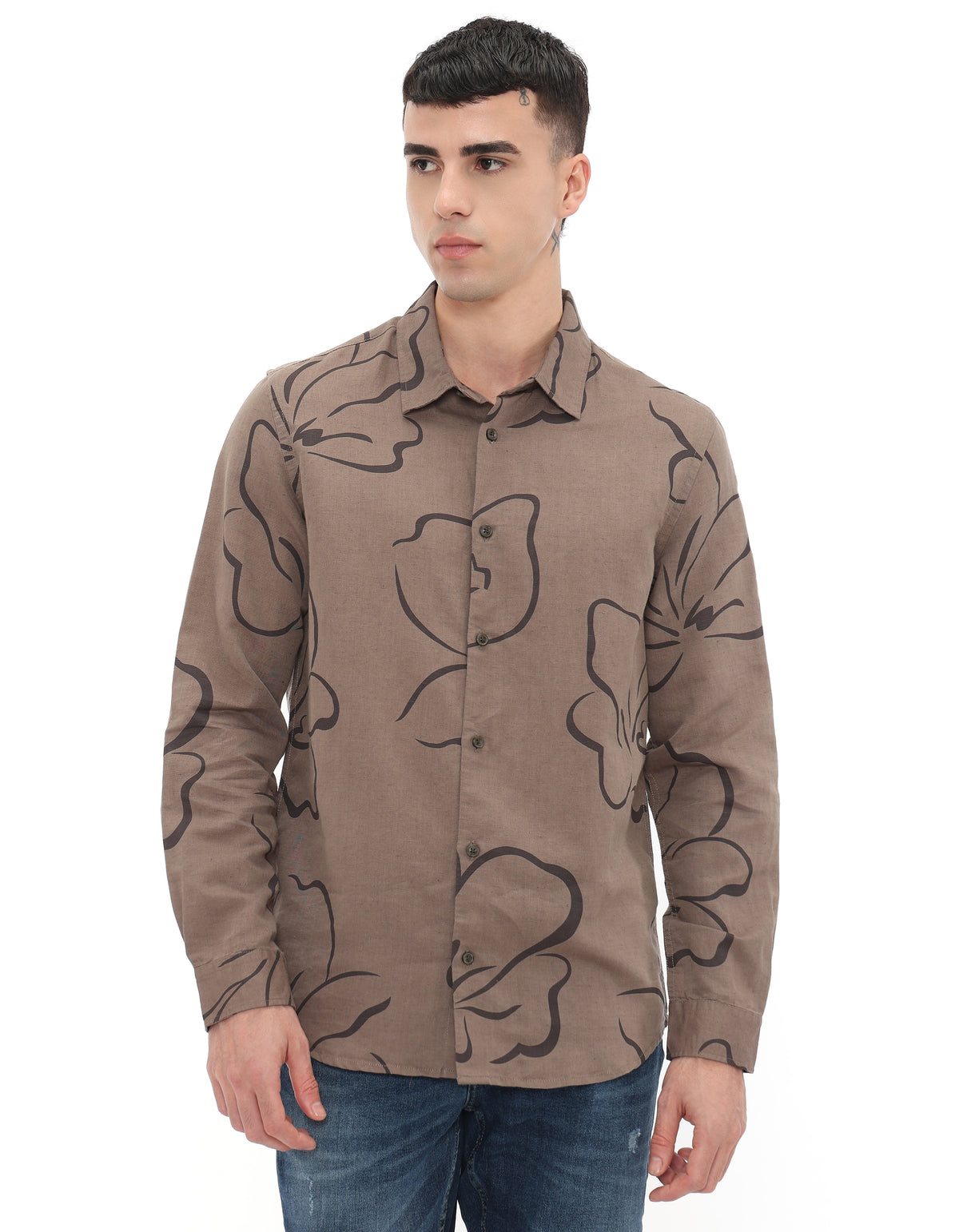 Straight Fit Linen Blend Printed Shirts - Brown