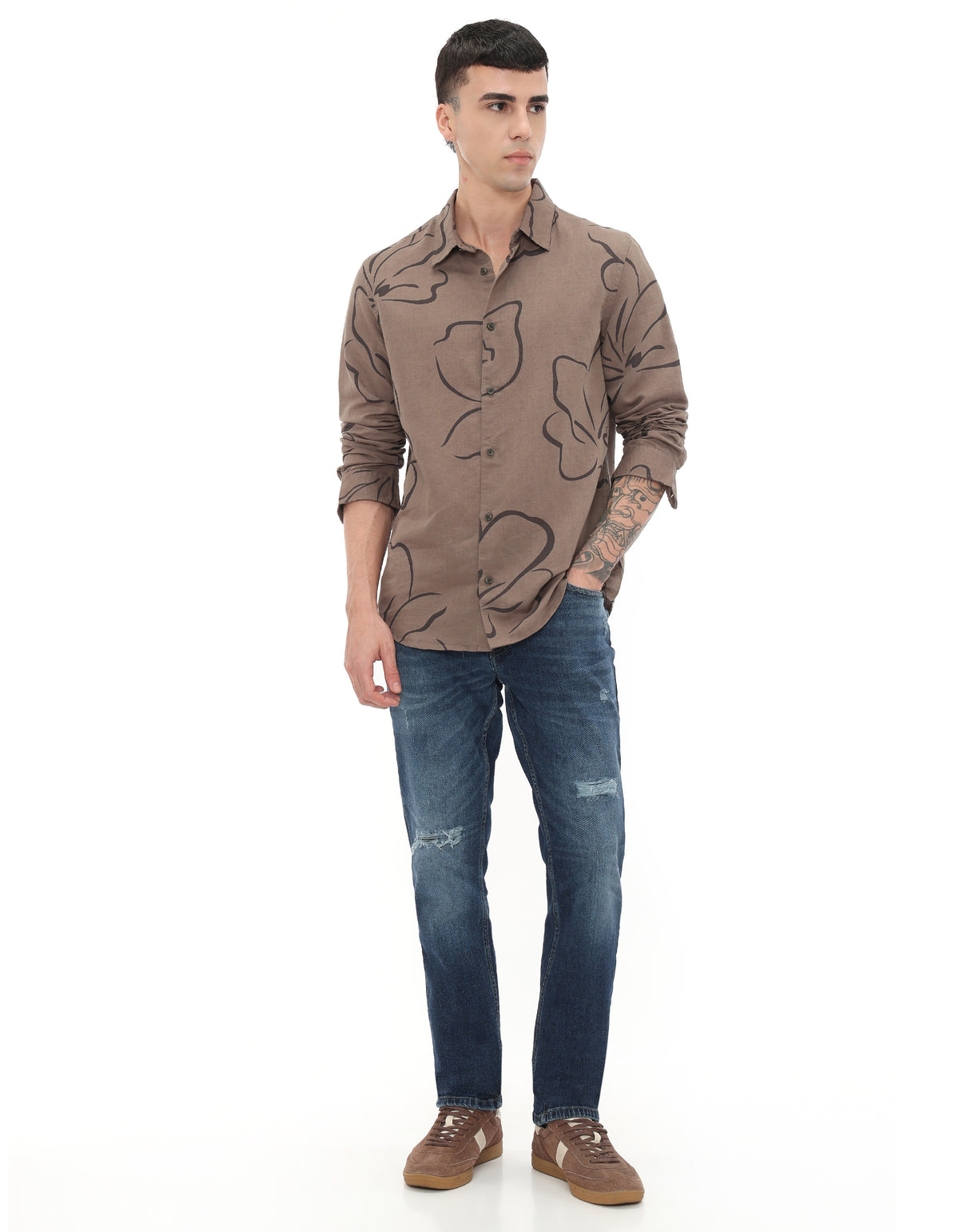 Straight Fit Linen Blend Printed Shirts - Brown