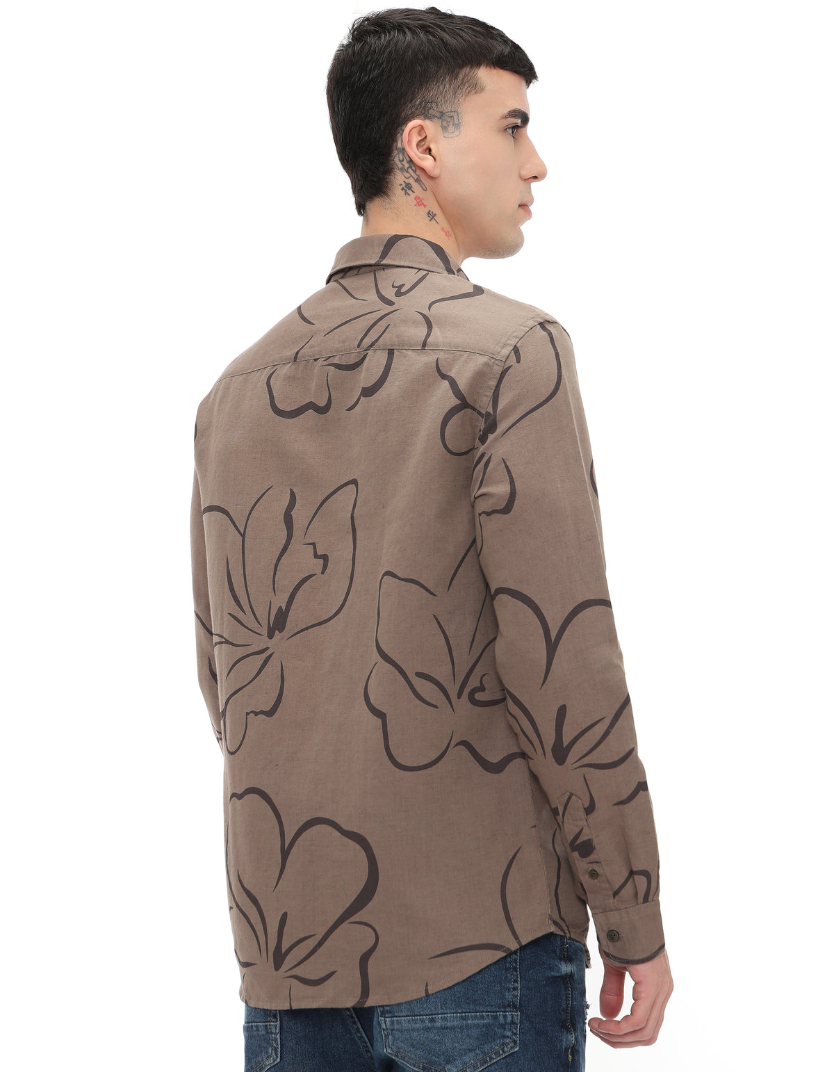 Straight Fit Linen Blend Printed Shirts - Brown