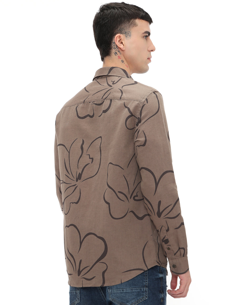 Straight Fit Linen Blend Printed Shirts - Brown