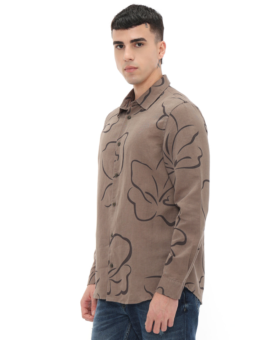 Straight Fit Linen Blend Printed Shirts - Brown