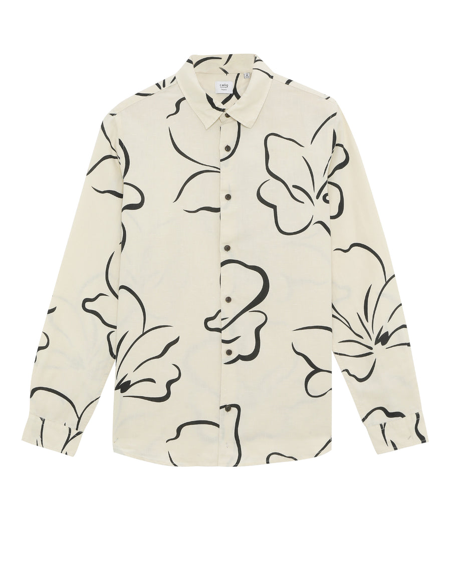 Straight Fit Linen Blend Printed Shirts - Off White