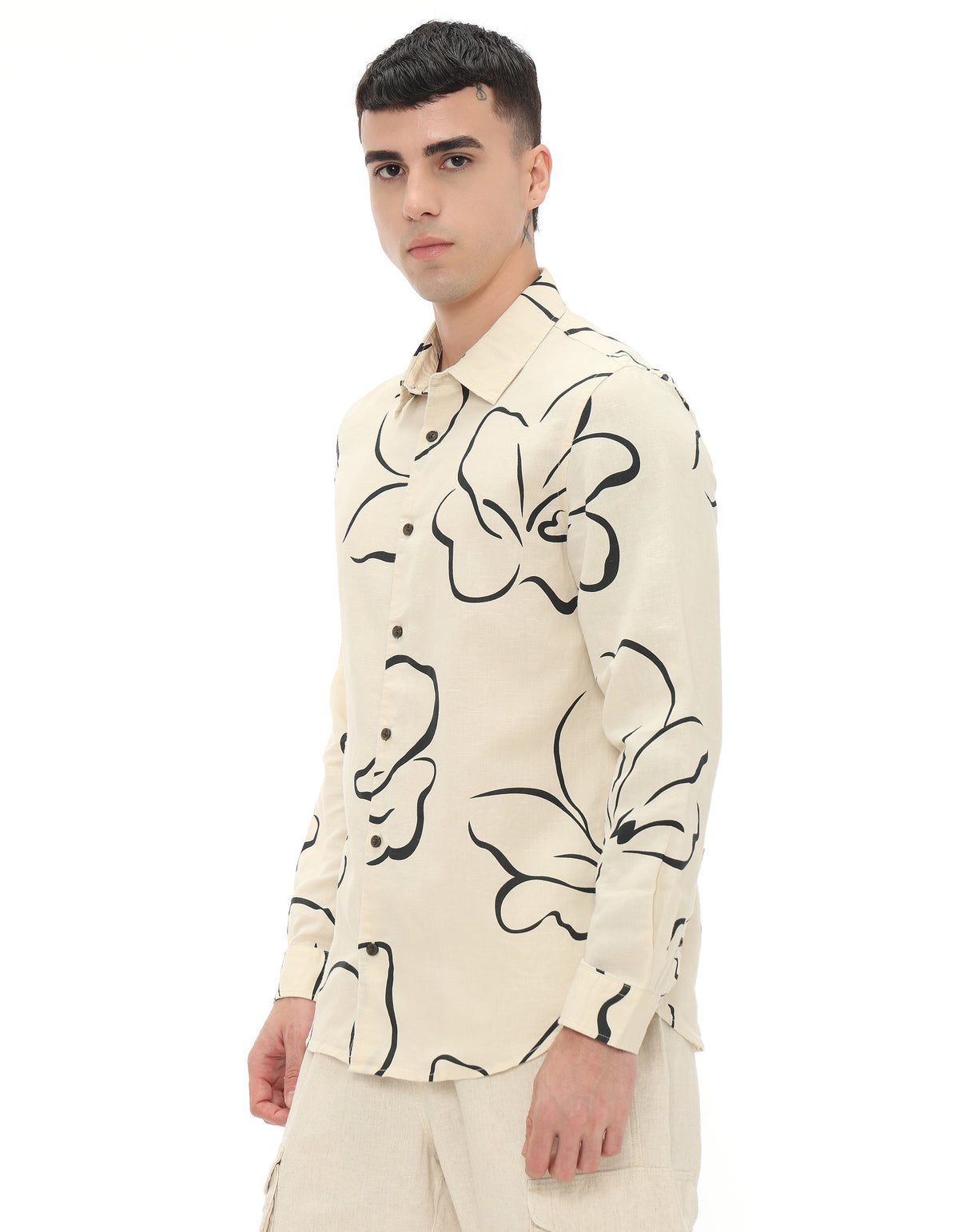 Straight Fit Linen Blend Printed Shirts - Off White