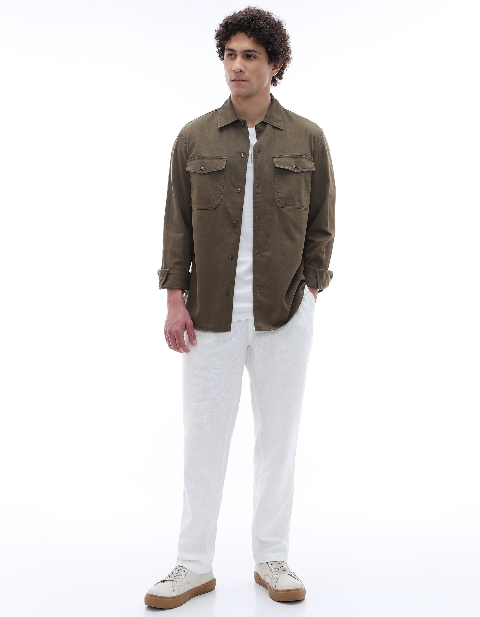 Regular Fit 100% Cotton Spread Collar Shirt - Khaki