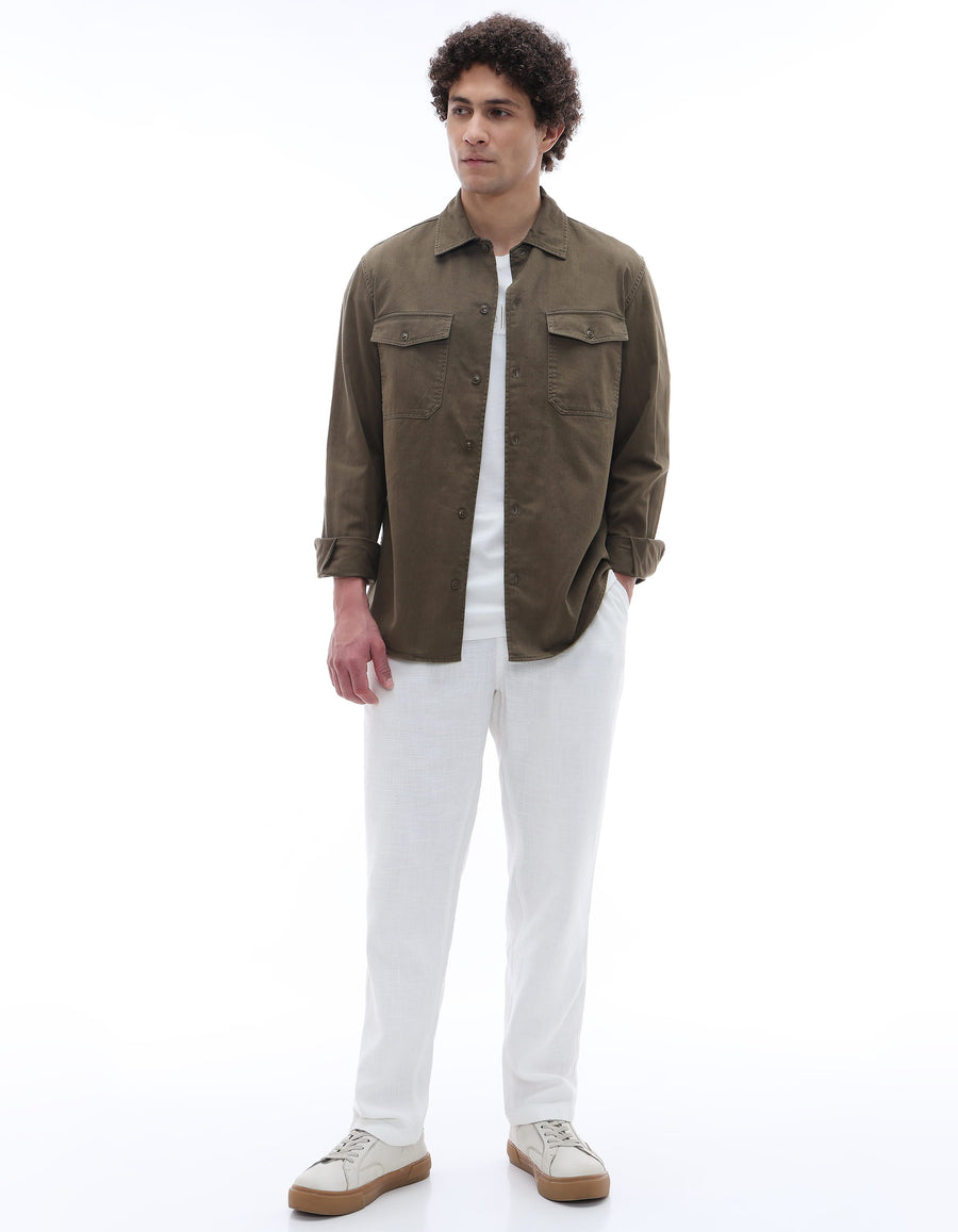 Regular Fit 100% Cotton Spread Collar Shirt - Khaki