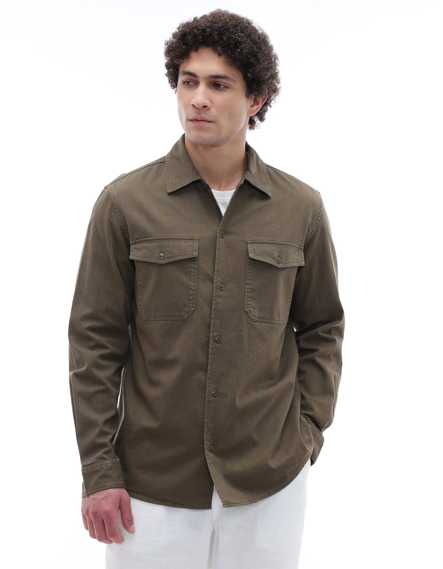 Regular Fit 100% Cotton Spread Collar Shirt - Khaki