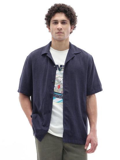 Celio Solid Relaxed Fit Viscose Blend Blue Shirts