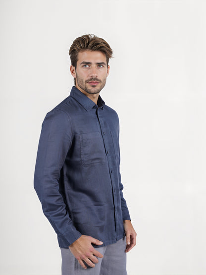 Celio* Solid Overshirt Linen-Blend Navy Blue Shirt