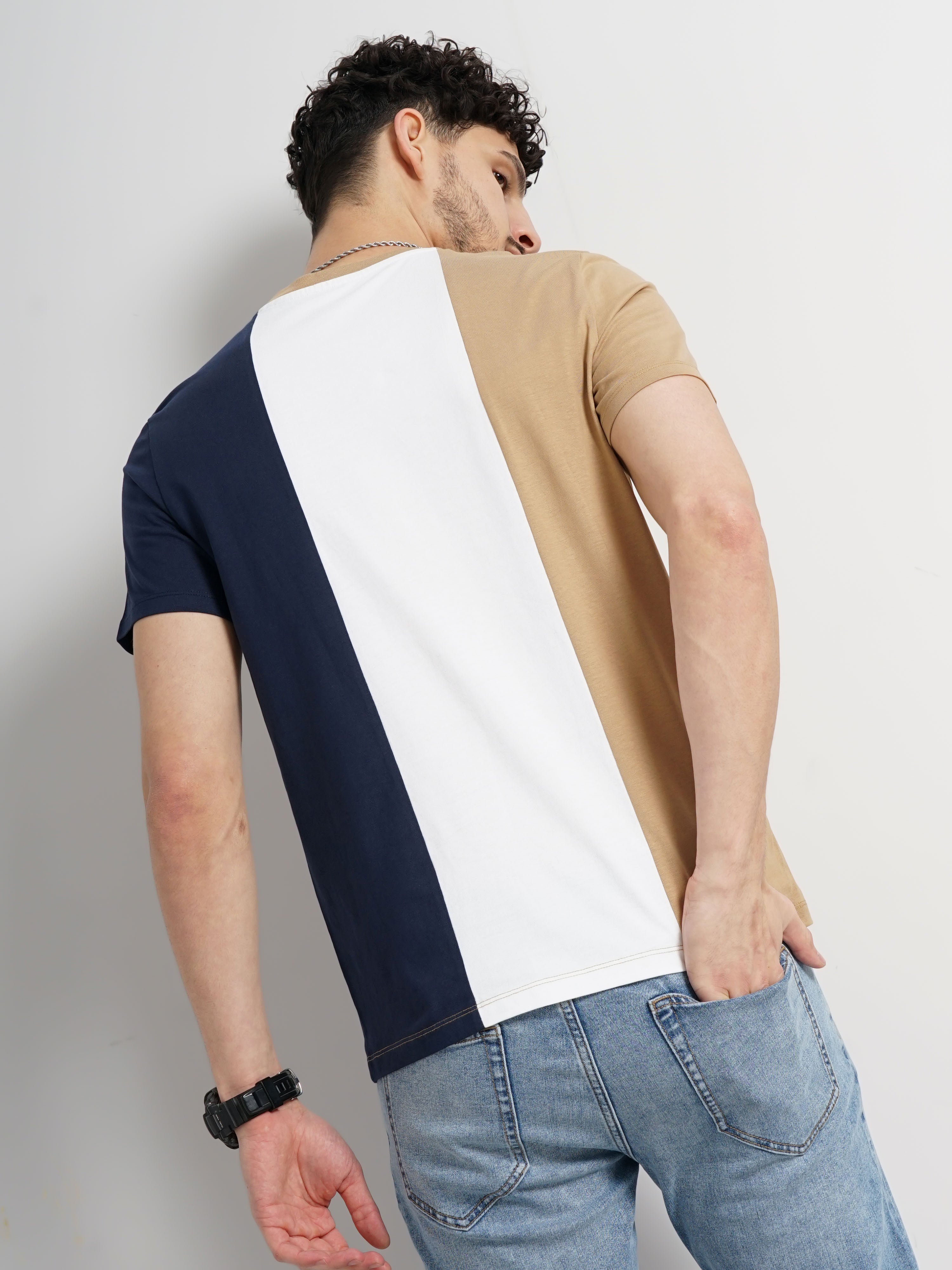 Brown Colourblock Cotton T-shirt