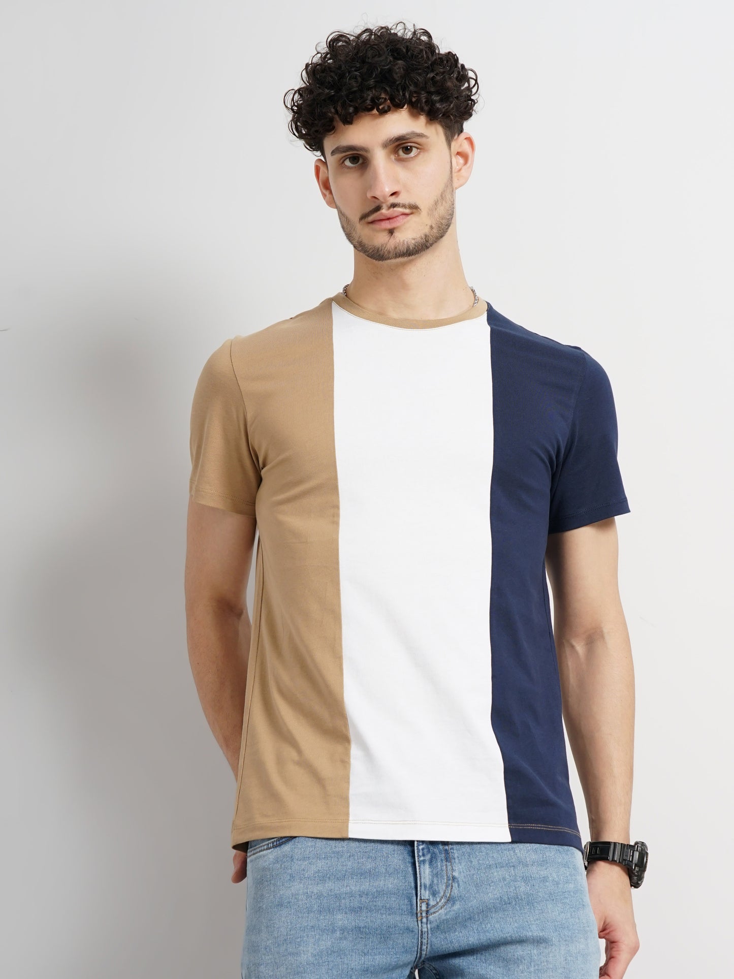 Brown Colourblock Cotton T-shirt