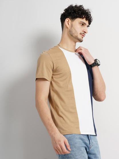 Brown Colourblock Cotton T-shirt