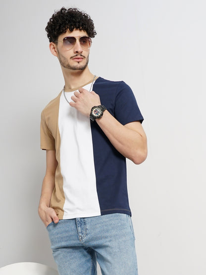 Brown Colourblock Cotton T-shirt