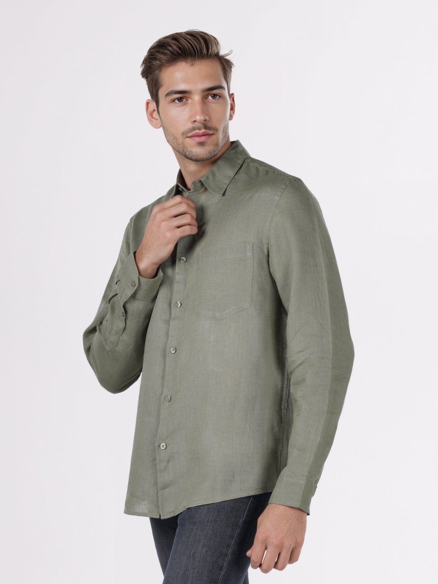 Celio* Men Olive Solid Regular Fit Linen Shirts