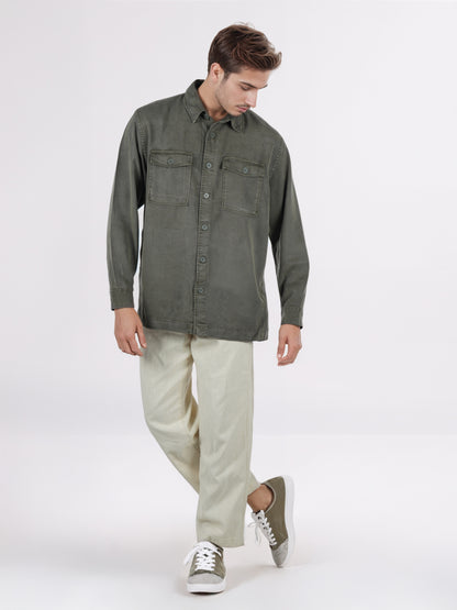 Celio* Men Olive Solid Overshirt Cotton-Tencel-Blend Shirts
