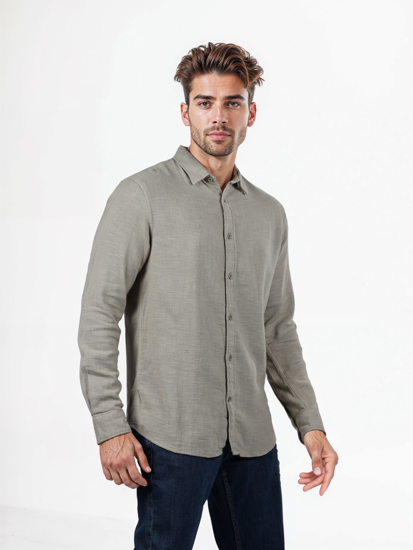 Celio* Solid Regular Fit Cotton Olive Shirts