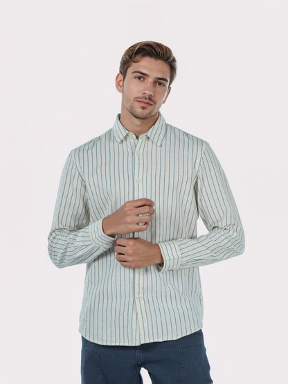 Celio* Men White Striped Regular Fit Cotton Shirts