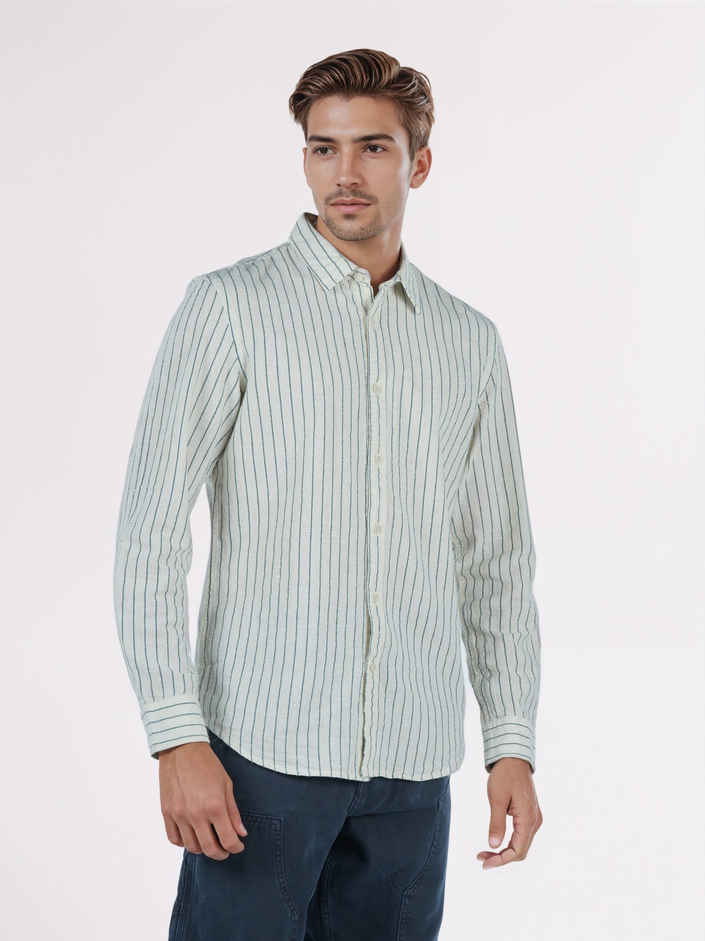 Celio* Men White Striped Regular Fit Cotton Shirts