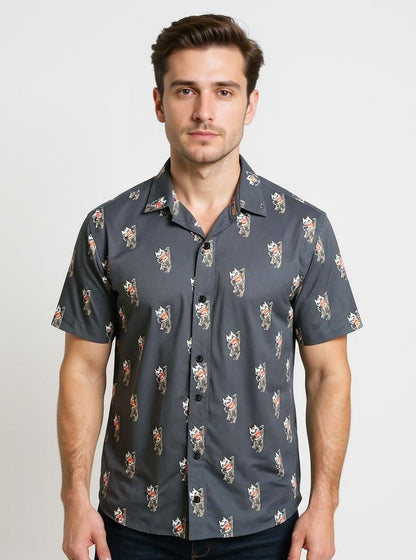 Celio* Men Black Printed Regular Fit Cotton Kaiju Shirt