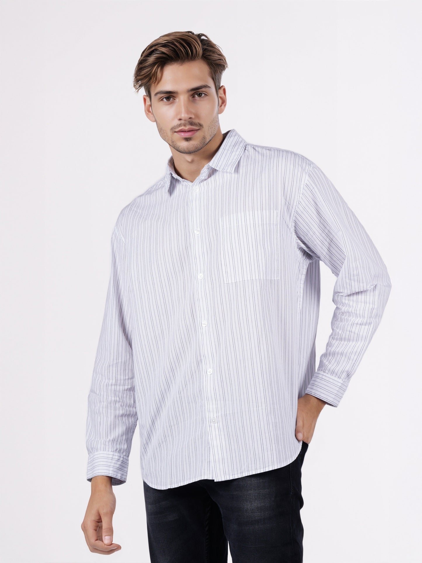 Celio* Men White Striped Overshirt Cotton Shirts