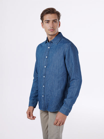 Celio* Men Blue Solid Regular Fit Cotton-Linen-Blend Shirts