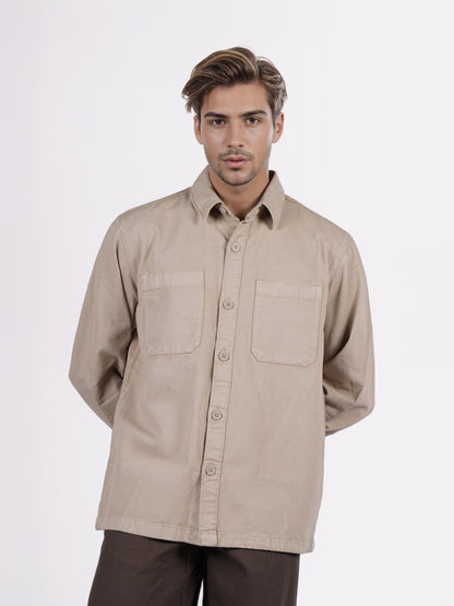 Celio* Men Beige Solid Overshirt Cotton Shirts