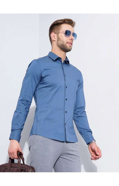 Celio* Solid Regular Fit Workwear Blue Shirts