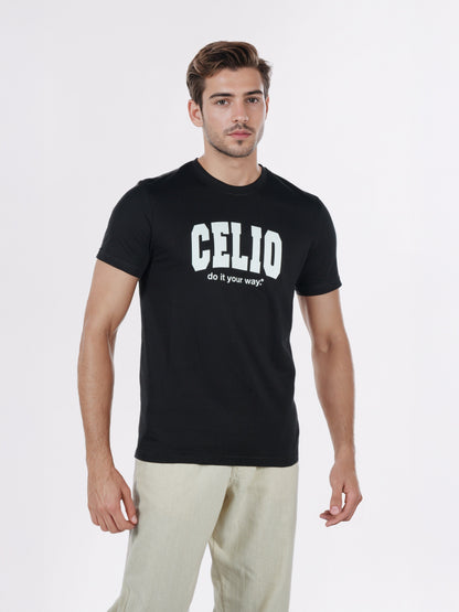 Celio* Men Black Printed Regular Fit Cotton T-Shirts
