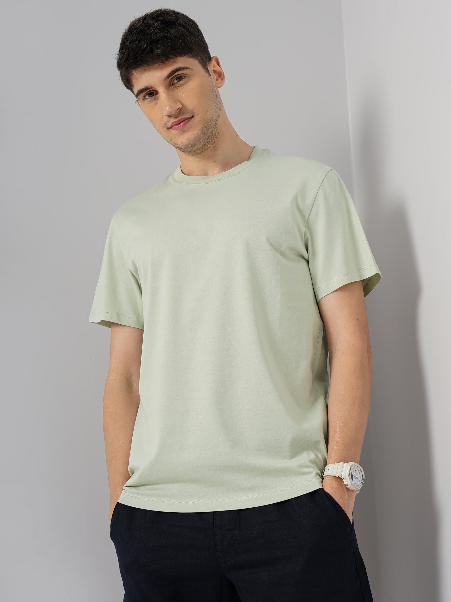 Green Solid Cotton T-shirt