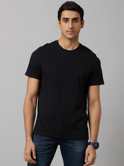 Celio Men Black Solid Straight Fit Cotton T-Shirts