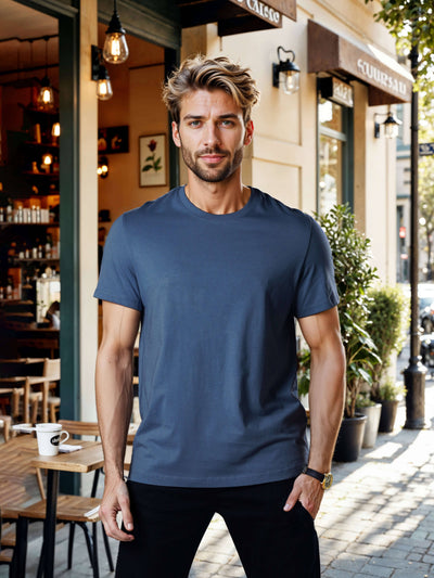 Celio Men Blue Solid Straight Fit Cotton T-Shirts