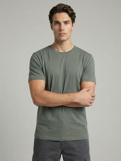 Celio* Men Green Solid Straight Fit Cotton T-Shirts