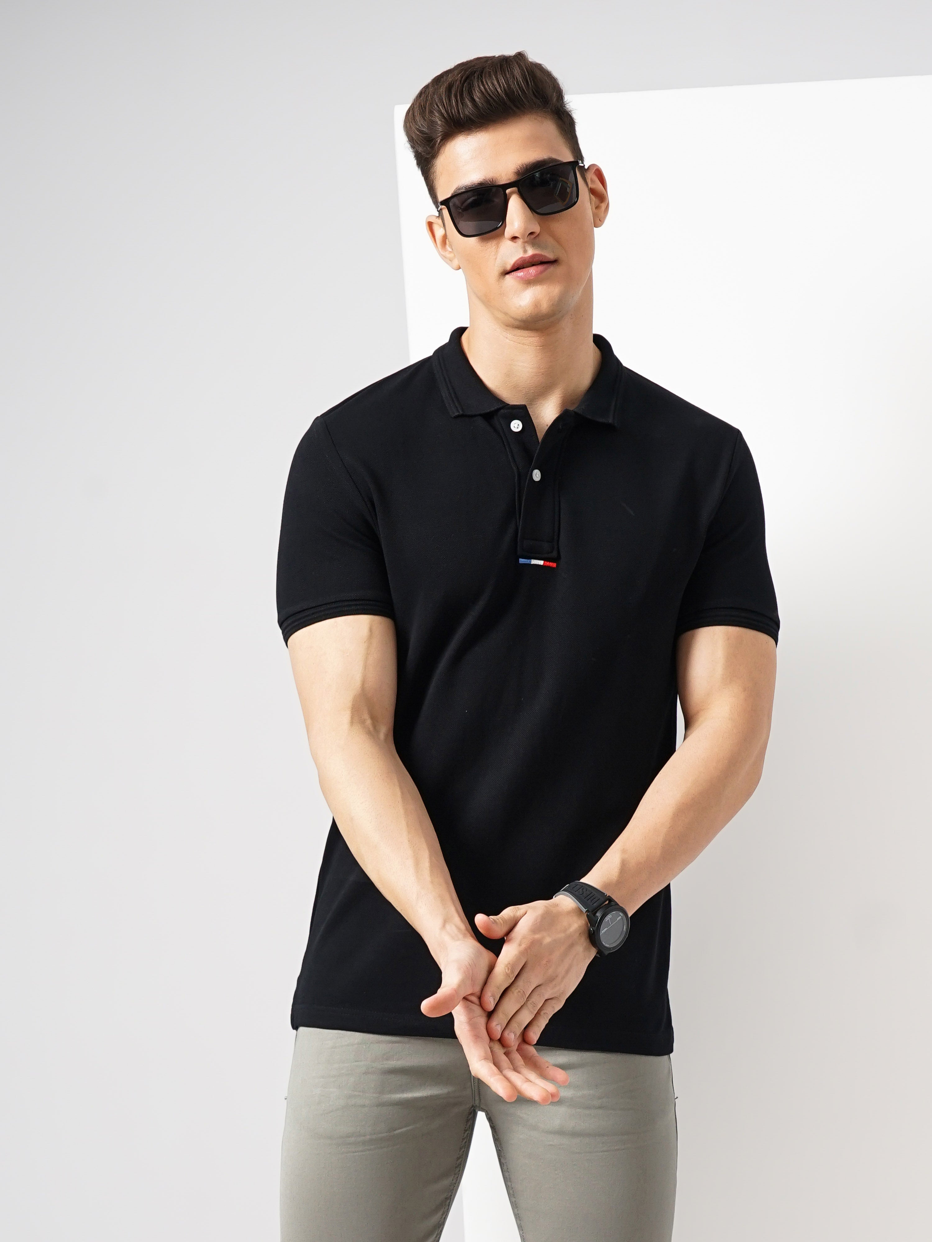 Black Solid Cotton Polo