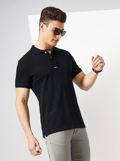 Black Solid Cotton Polo