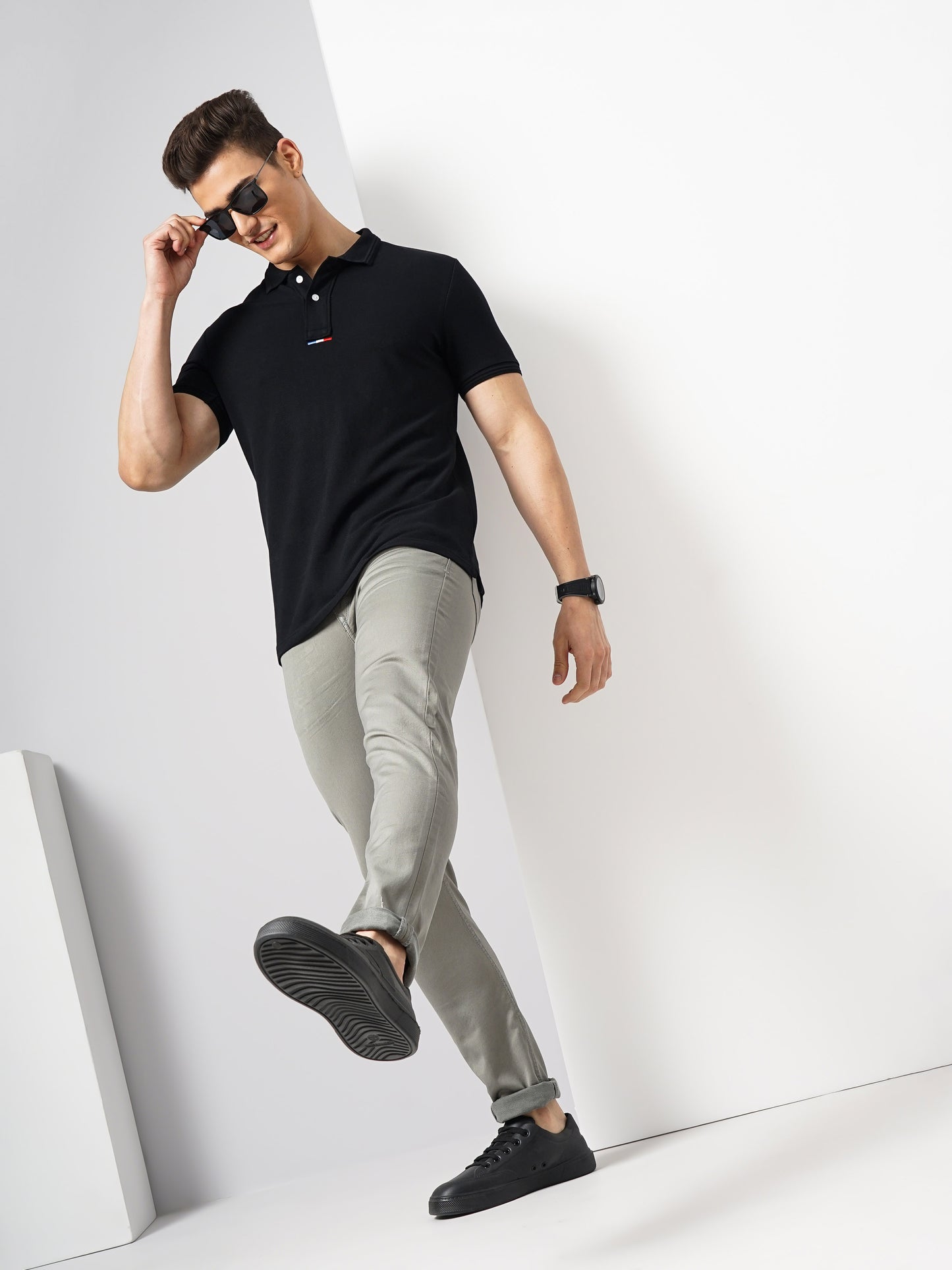 Black Solid Cotton Polo