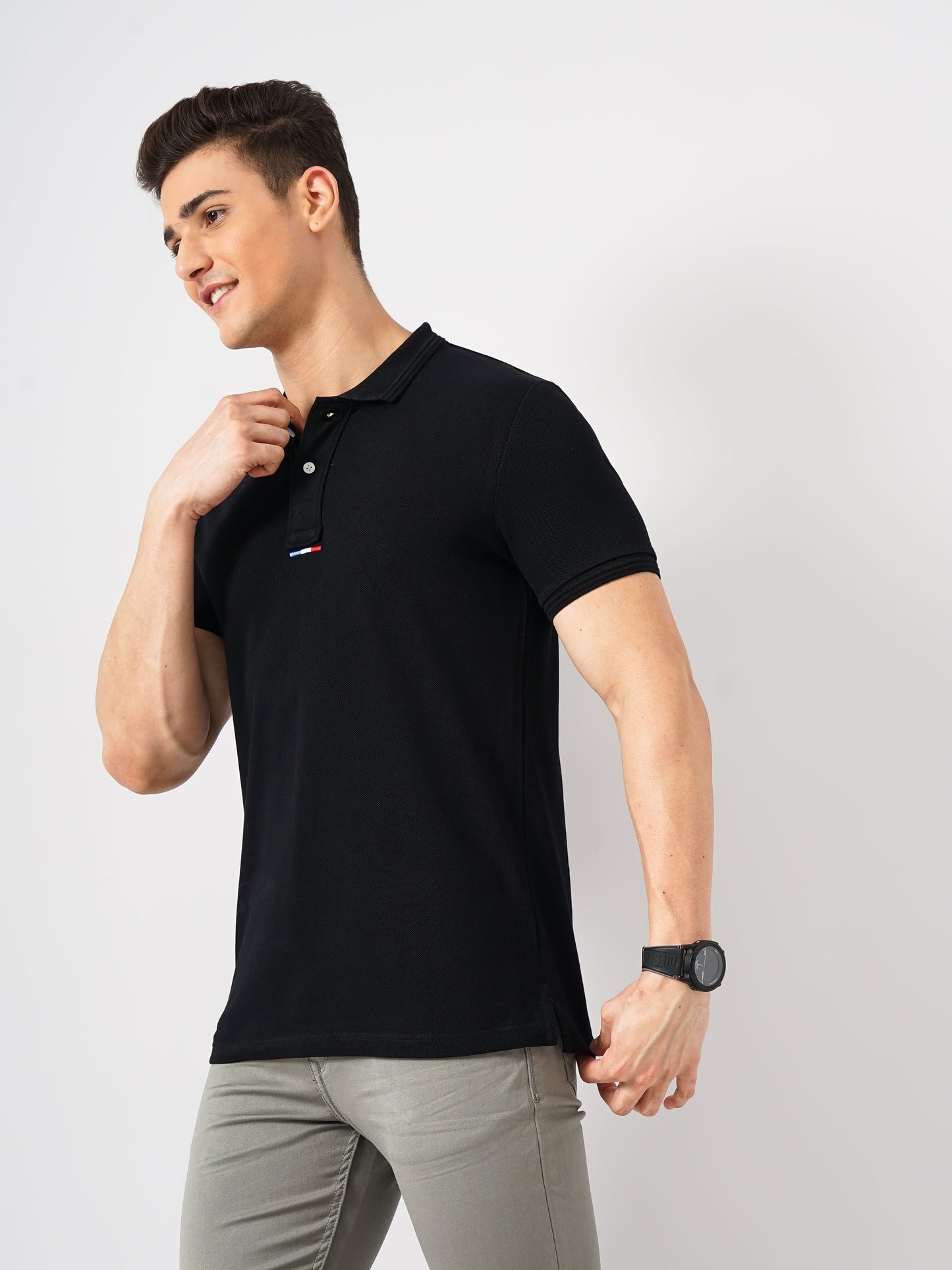 Black Solid Cotton Polo