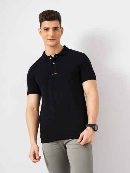 Black Solid Cotton Polo