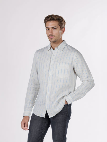 Celio* Men White Striped Regular Fit Linen Shirts