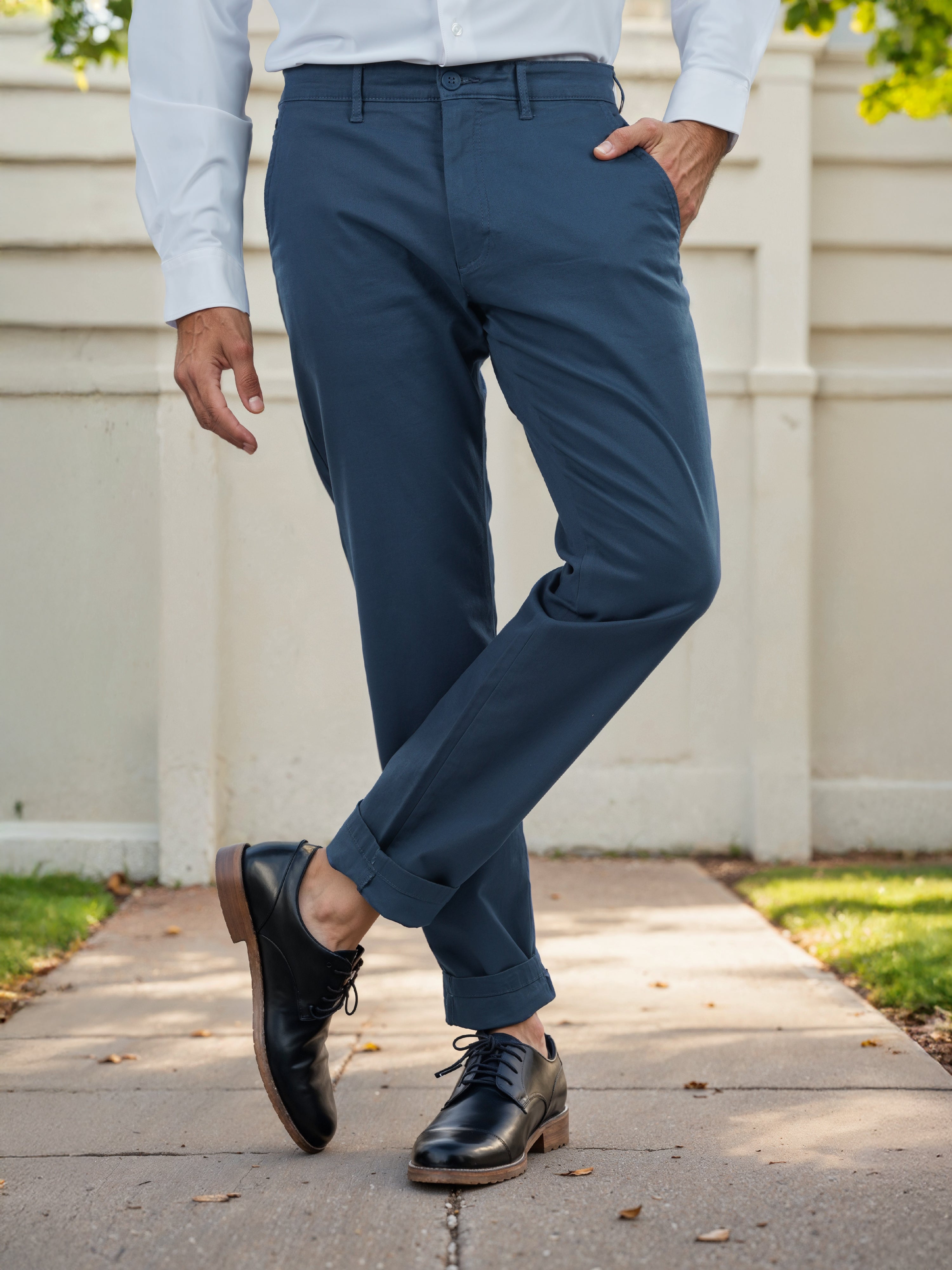 Blue Cotton Blend Slim Fit Trousers