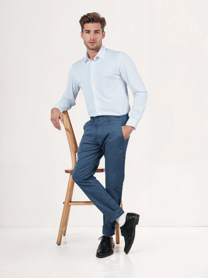 Blue Cotton Blend Slim Fit Trousers