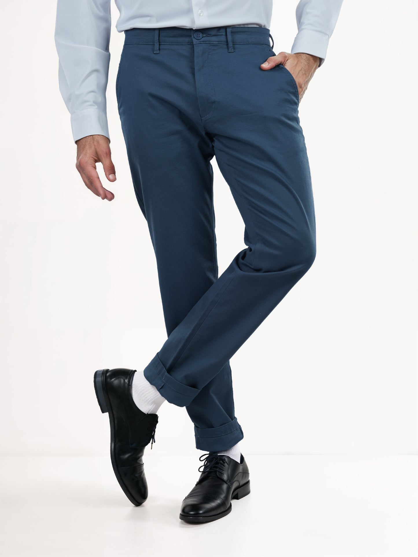 Blue Cotton Blend Slim Fit Trousers