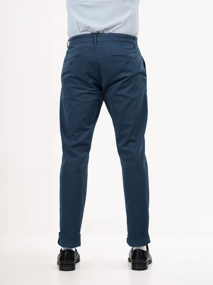 Blue Cotton Blend Slim Fit Trousers