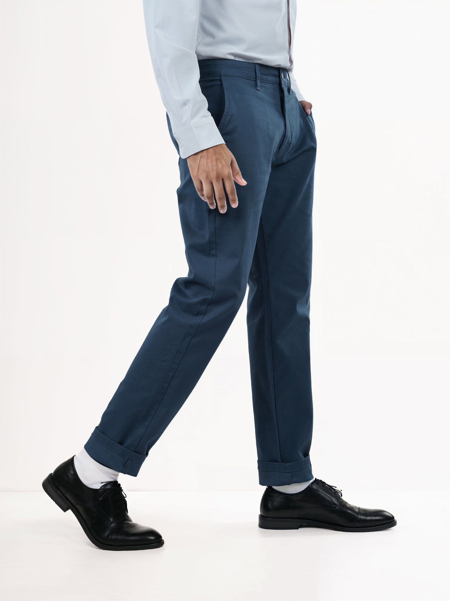 Blue Cotton Blend Slim Fit Trousers