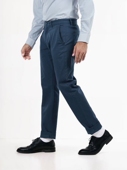 Blue Cotton Blend Slim Fit Trousers