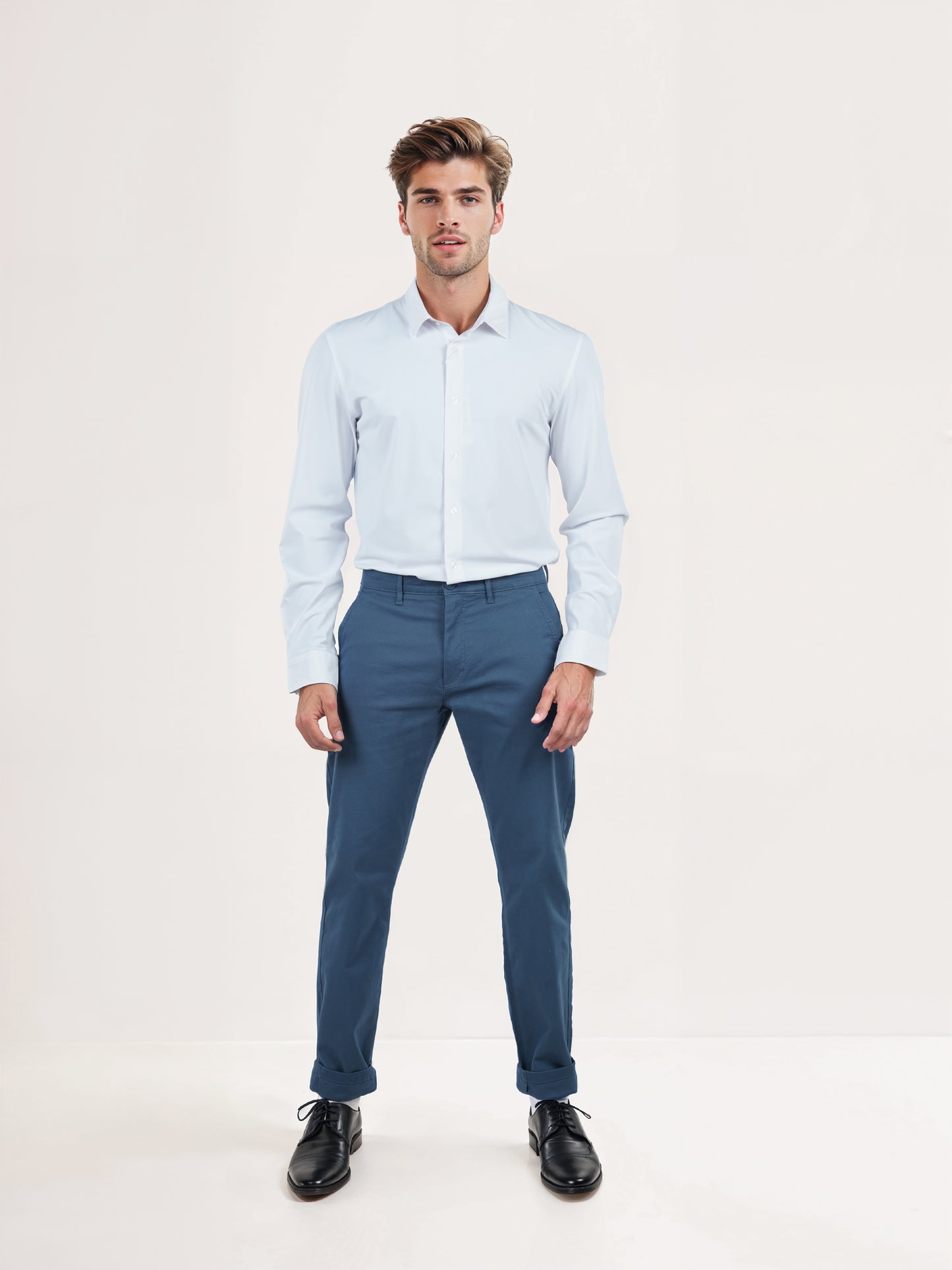 Blue Cotton Blend Slim Fit Trousers