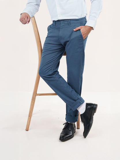 Blue Cotton Blend Slim Fit Trousers